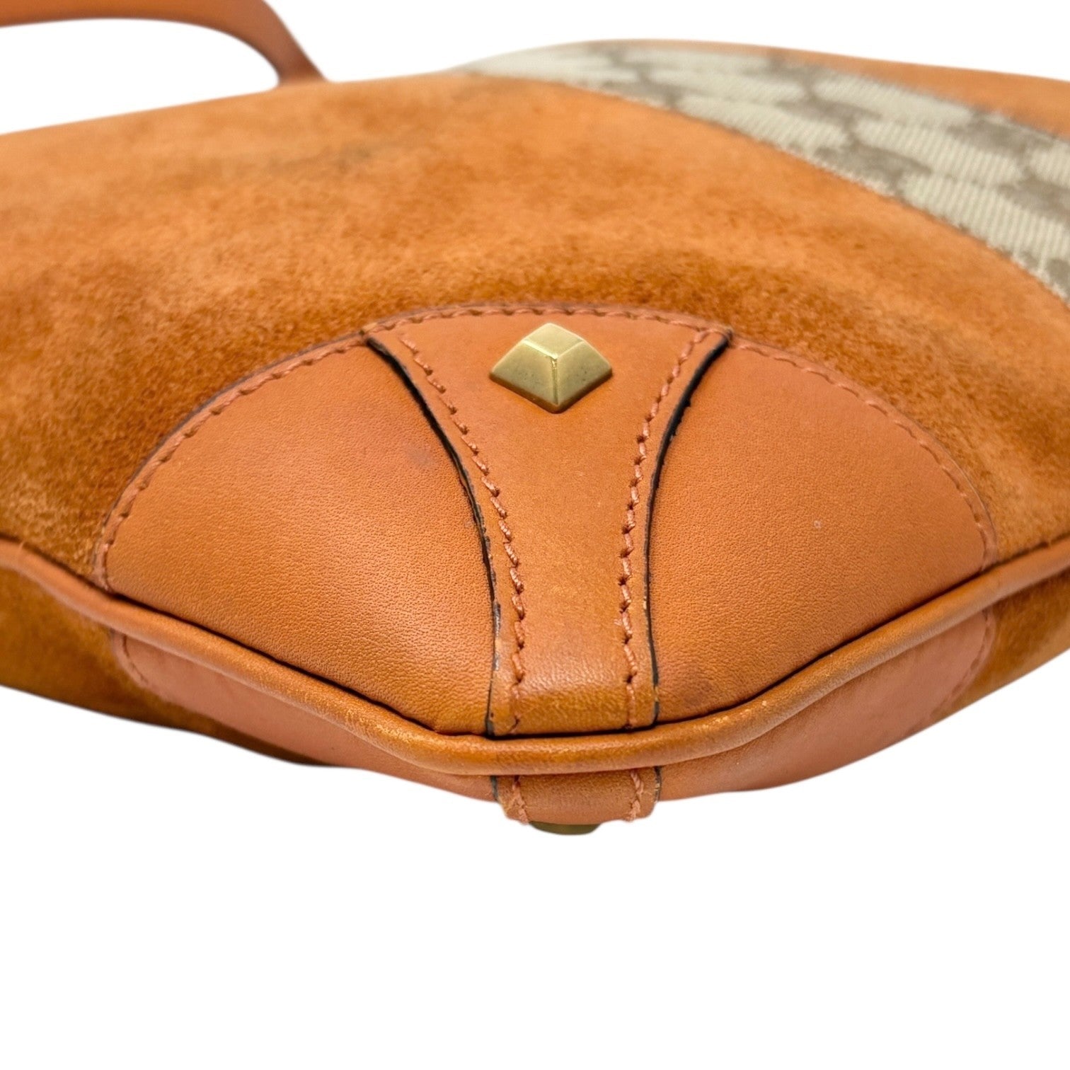 GUCCI Vintage GG Monogram Crossbody Bag Orange Suede Canvas Leather Nailhead
