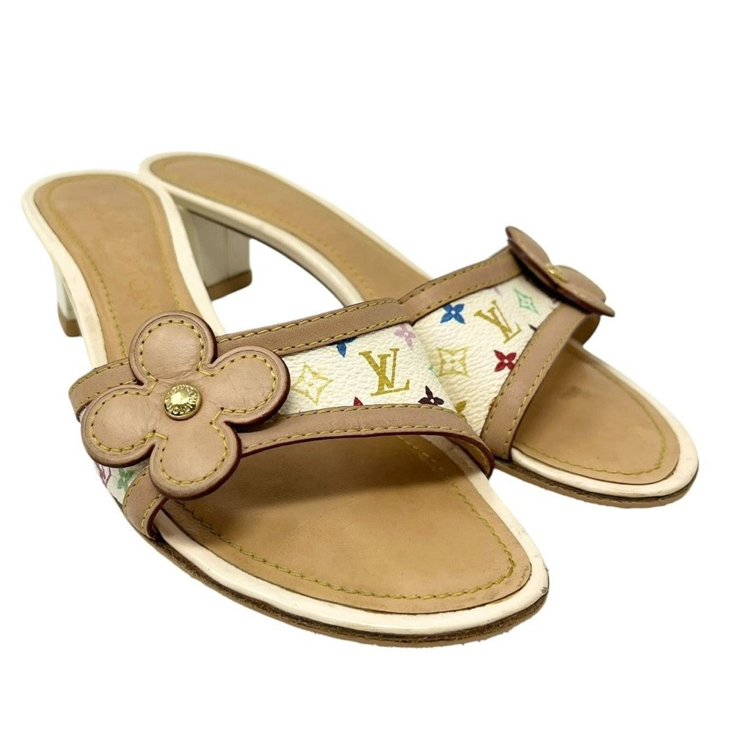 LOUIS VUITTON Vintage Logo Monogram Multicolor Sandals #36-36.5 White Leather