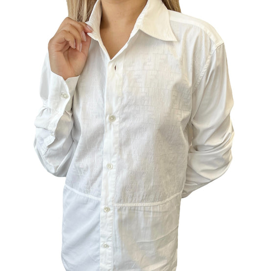 FENDI Vintage Zucca Monogram Long Sleeve Shirt #39 Button White Cotton