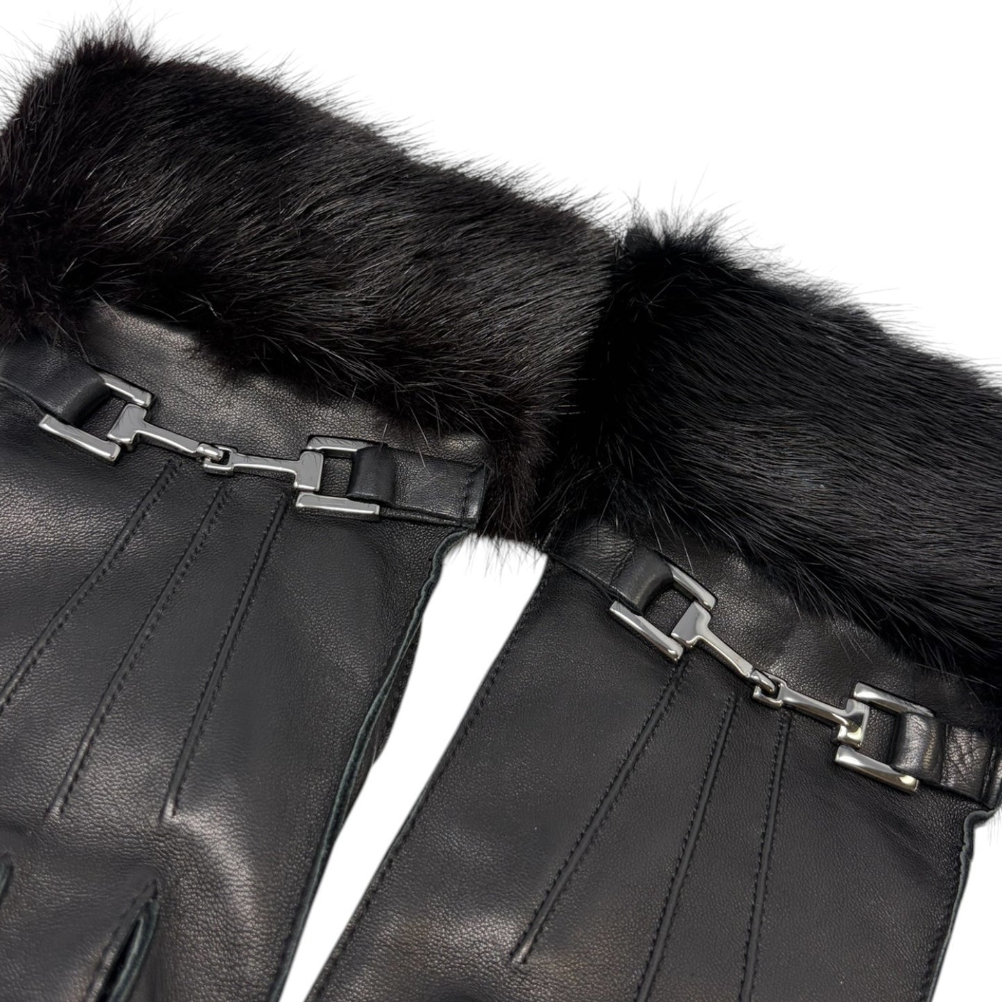GUCCI Vintage Horsebit Fur Trim Lambskin Leather Gloves #7 Black Silver 902097