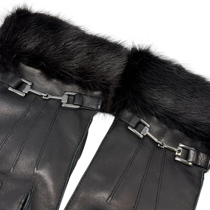 GUCCI Vintage Horsebit Fur Trim Lambskin Leather Gloves #7 Black Silver 902097
