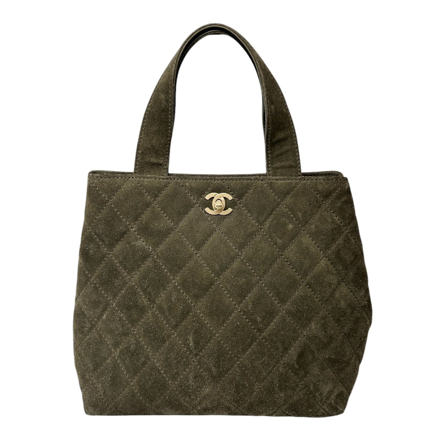 CHANEL Vintage CC Mark Logo Tote Bag Handbag Turnlock Brown Gold Suede Stitch