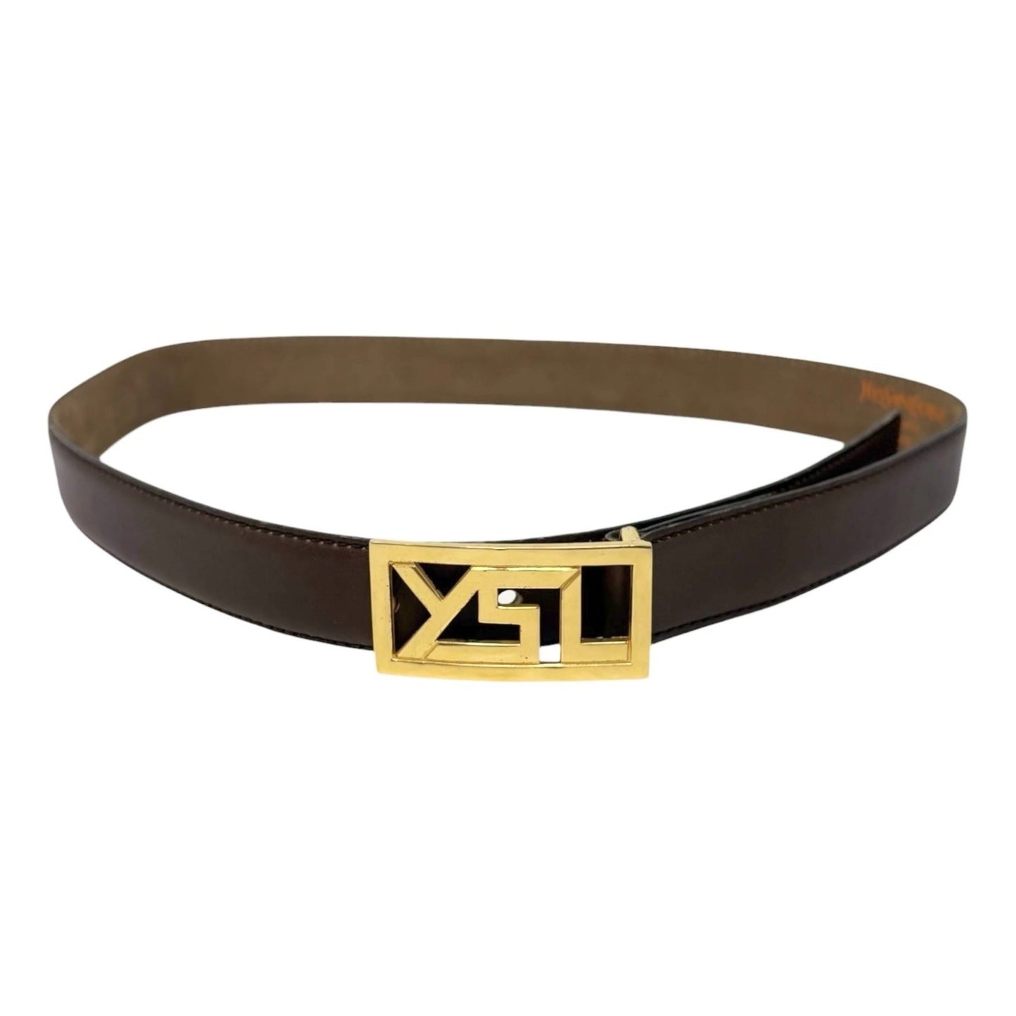 Yves Saint Laurent Vintage YSL Logo Leather Belt Brown Gold Buckle 902539