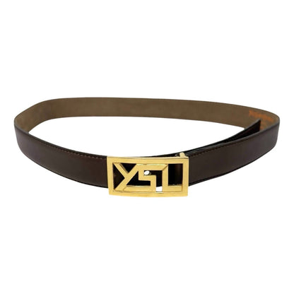 Yves Saint Laurent Vintage YSL Logo Leather Belt Brown Gold Buckle 902539