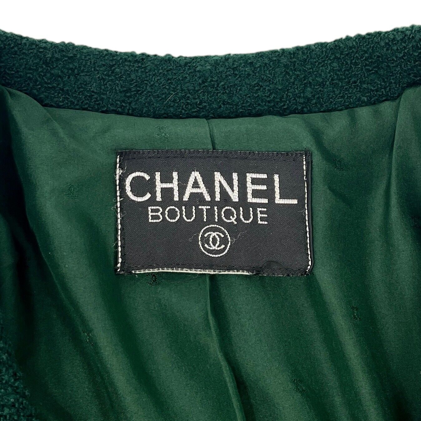 CHANEL Vintage CC Mark Logo Tweed Jacket Button Pocket Green Gold Wool