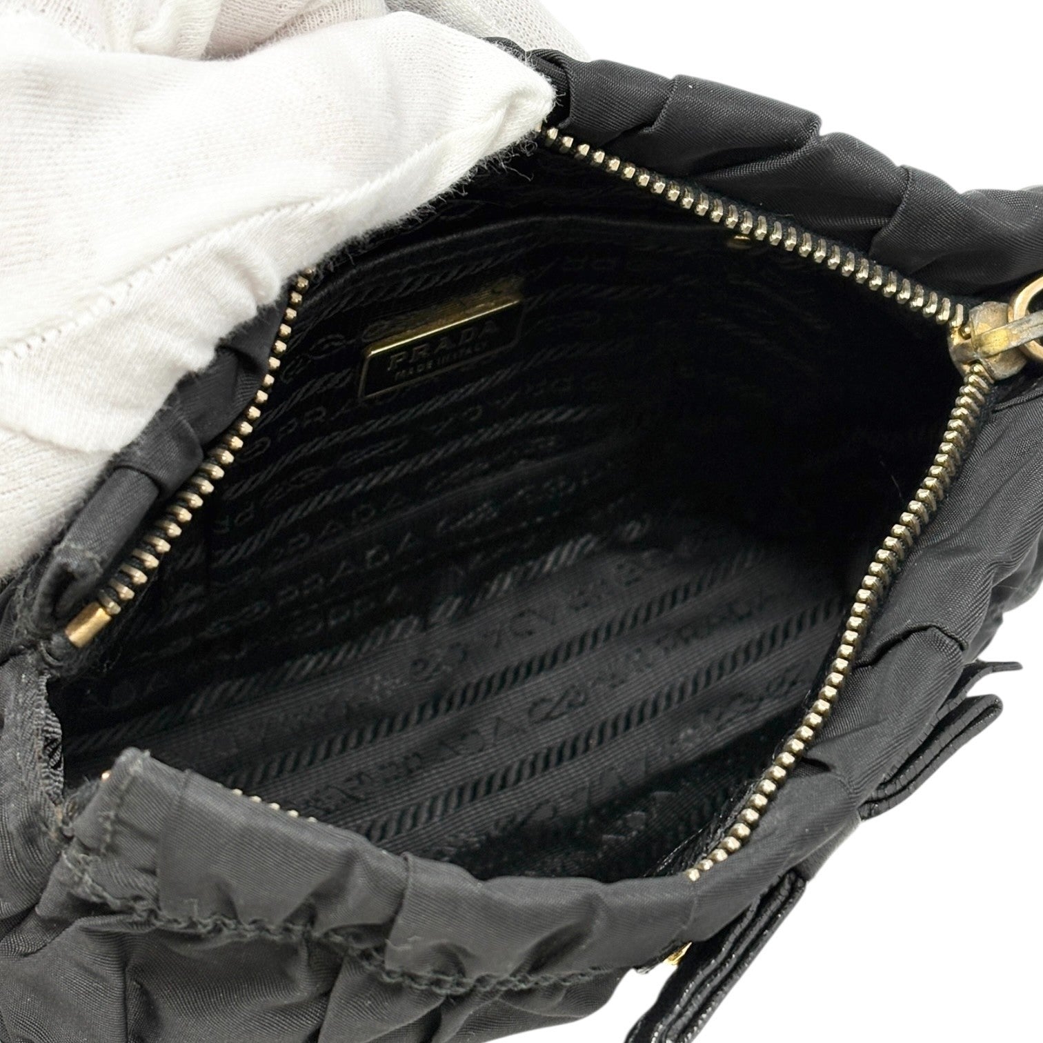 PRADA Vintage Logo Black Gathered Nylon Shoulder Mini Bag Gold Ribbon Leather