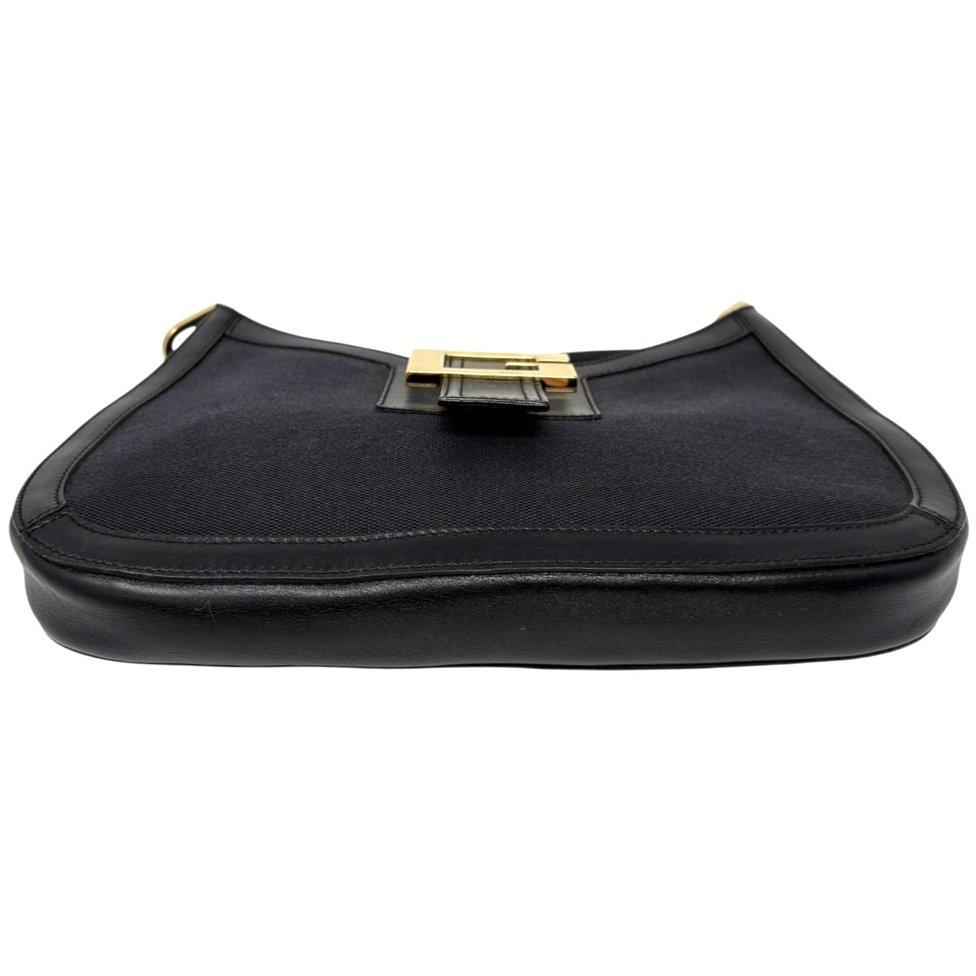GUCCI Vintage G Buckle Logo Shoulder Bag Black Gold Leather Cotton Magnet
