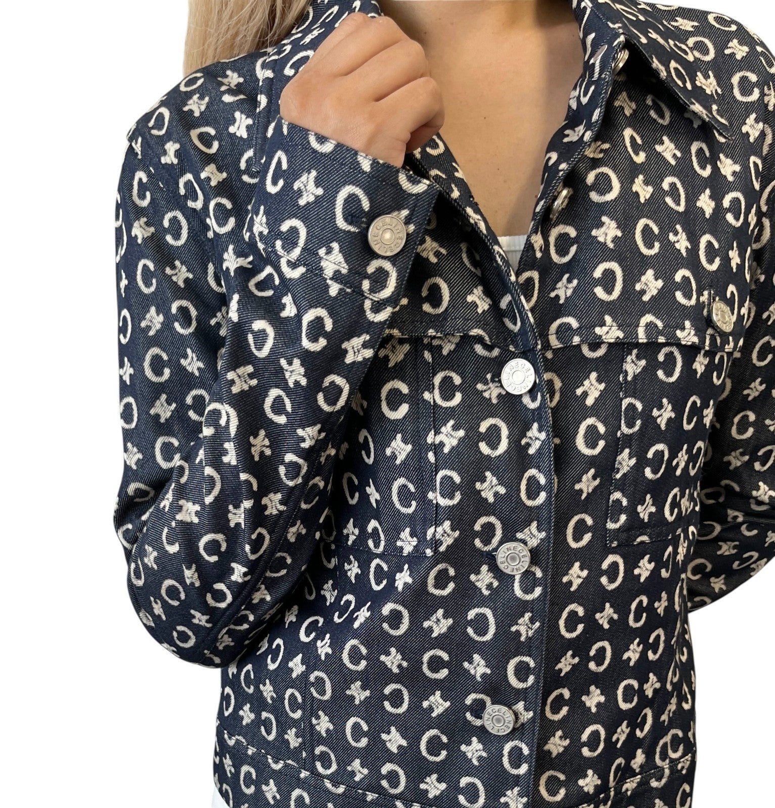 CELINE Vintage 2005 Macadam Monogram Logo Denim Jacket #40 Dark Blue White