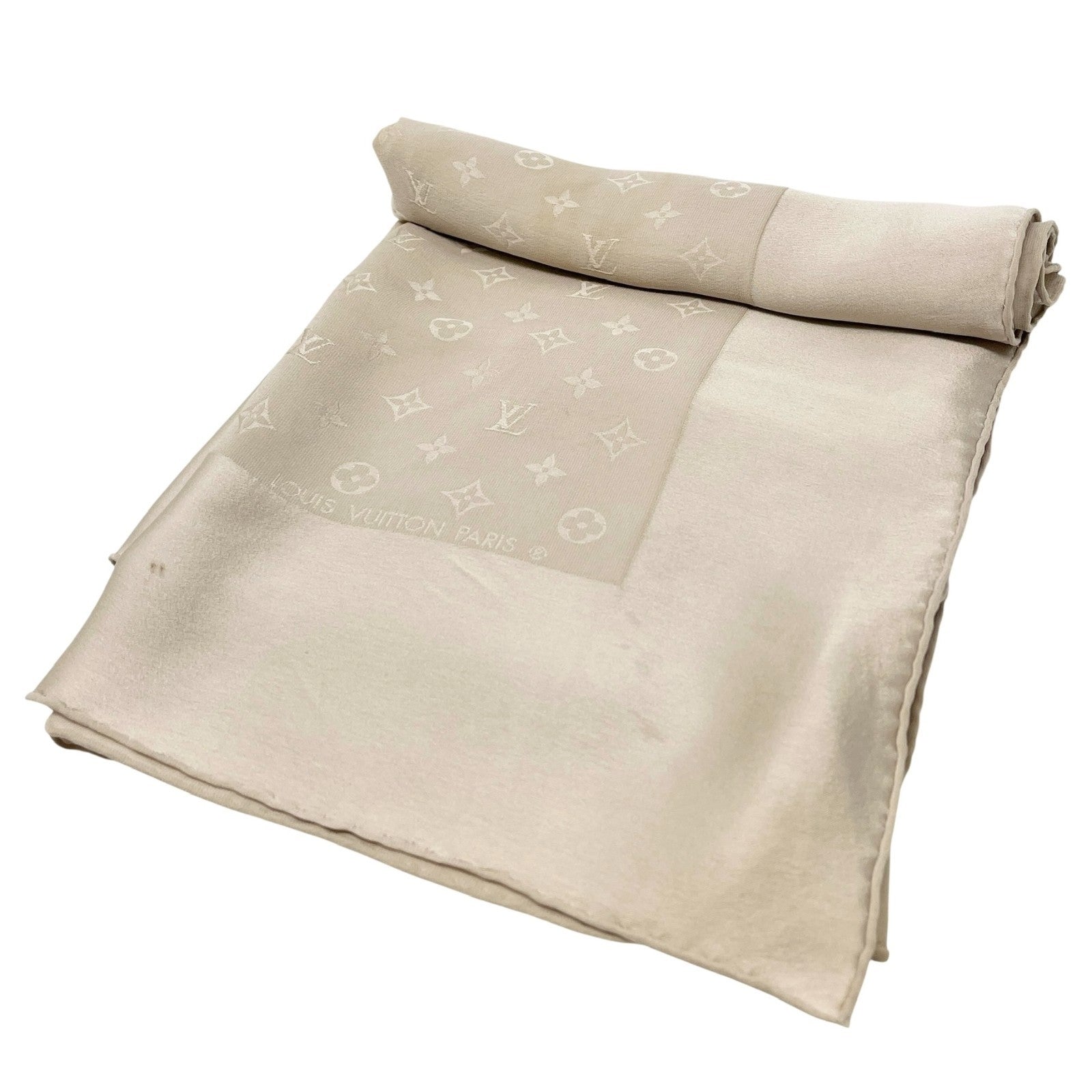 LOUIS VUITTON Vintage LV Monogram Logo Scarf Wrap Shawl Accessory Cream Silk