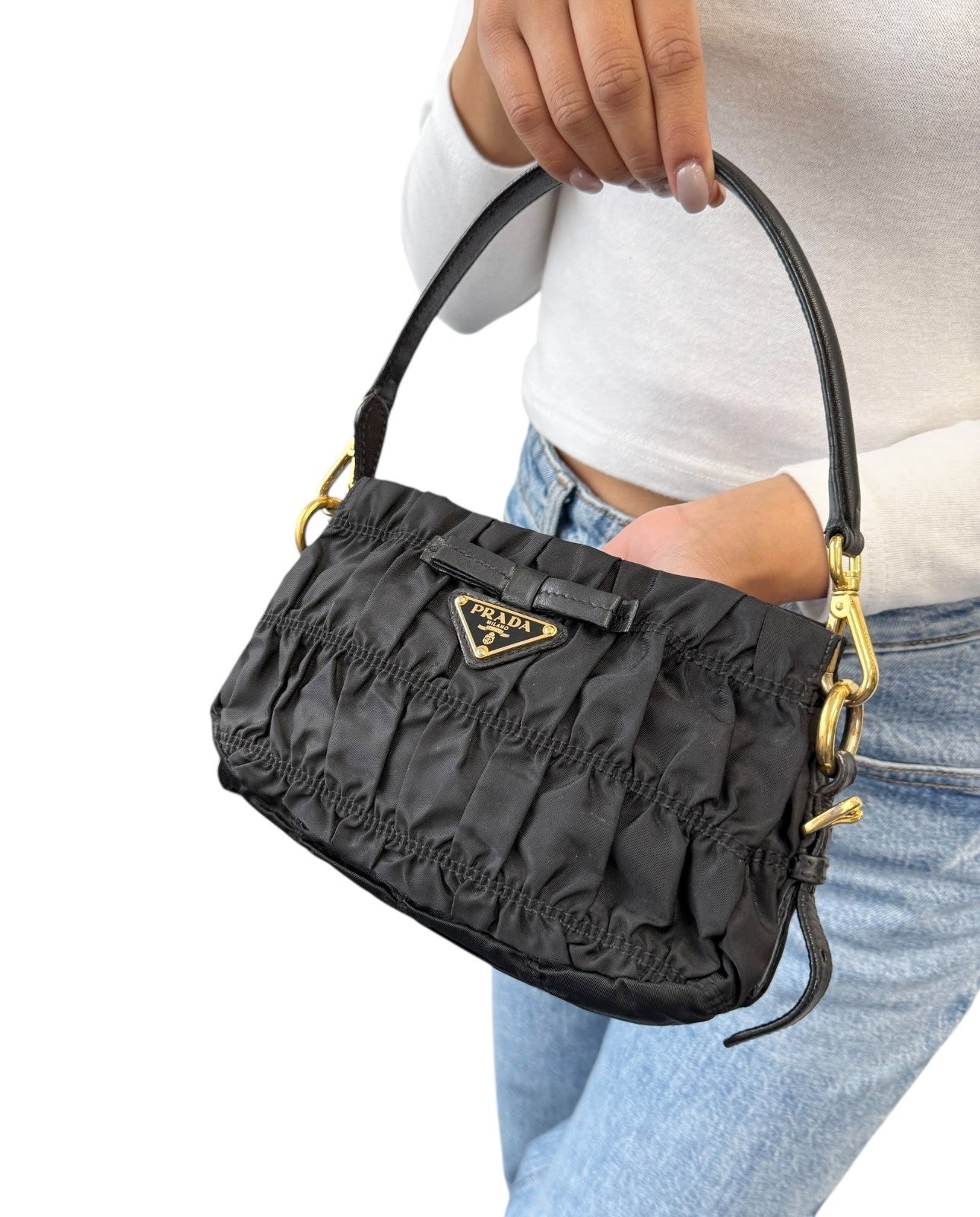 PRADA Vintage Logo Black Gathered Nylon Shoulder Mini Bag Gold Ribbon Leather