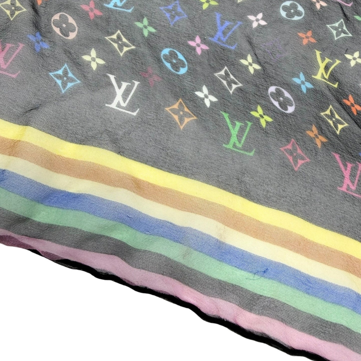 LOUIS VUITTON Vintage LV Monogram Scarf wrap Multicolor Black Silk 902244