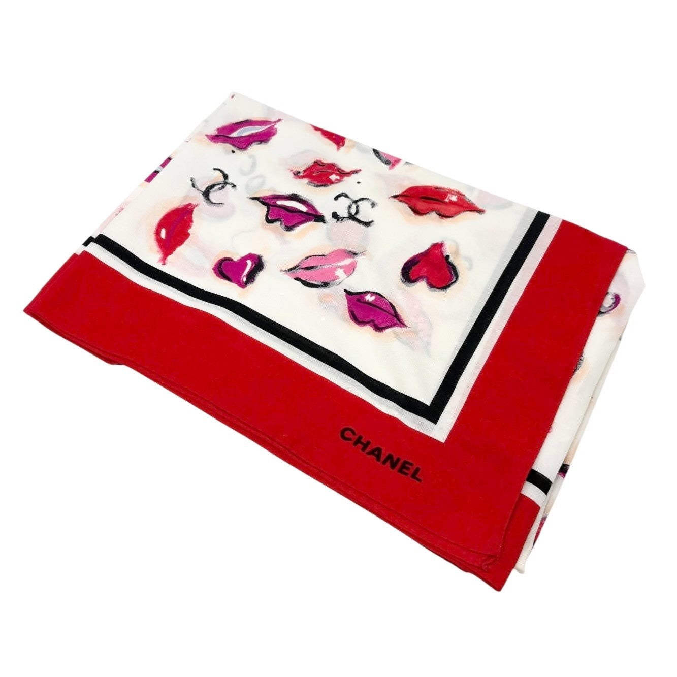 CHANEL Vintage CC Logo Lip Big Scarf Wrap Pareo White Multicolor Cotton