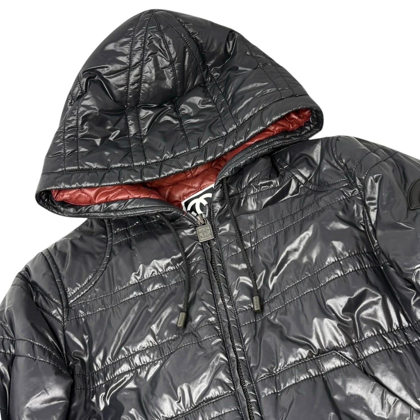 CHANEL Sport Vintage P3665 CC Logo Hoodie Zip Up Puffer Jacket #36 Red Black