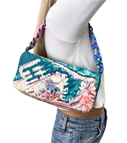 CHANEL Vintage CC Quilted Watercolor Flap Chain Shoulder Bag Blue Canvas 902907