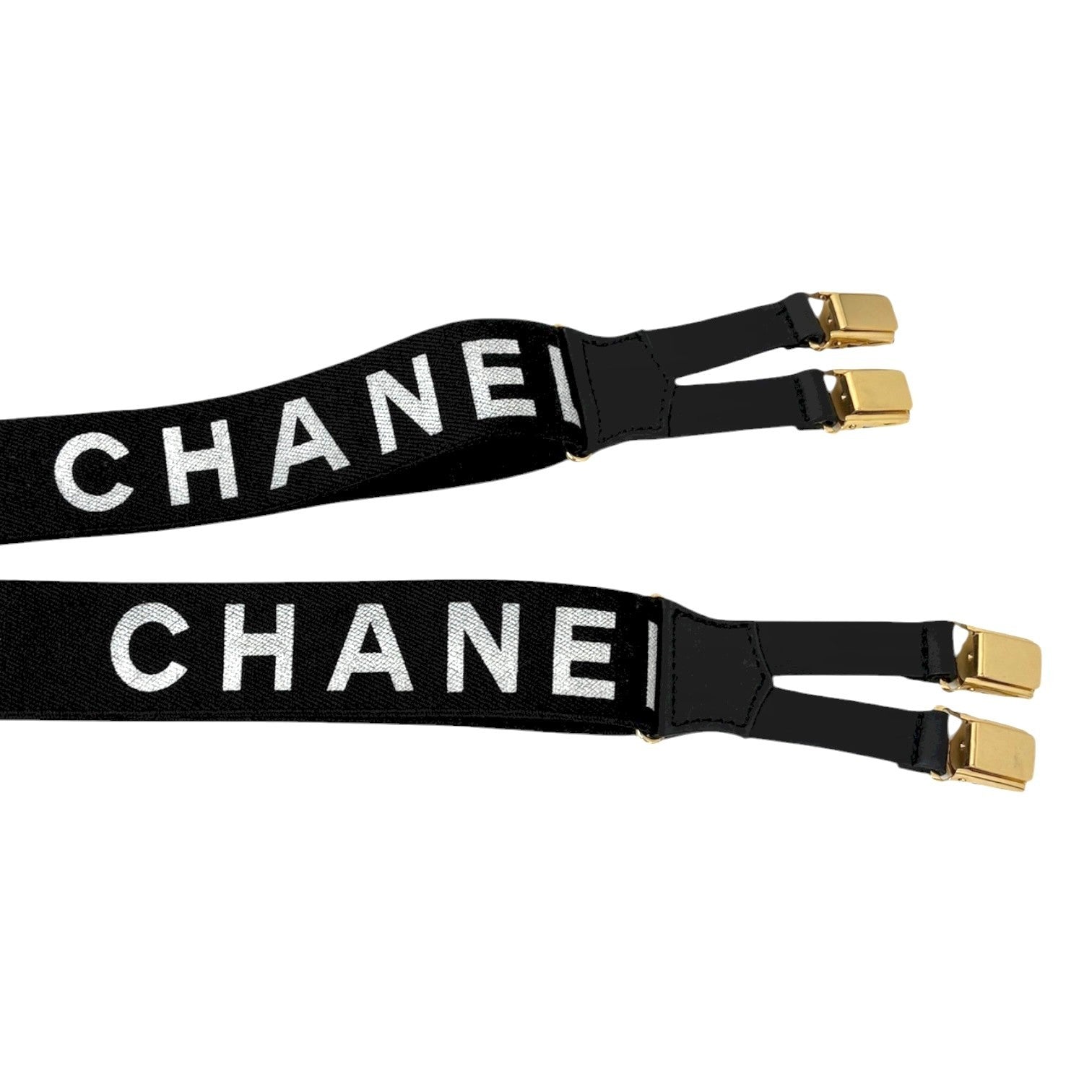 CHANEL Vintage 1994 CC Logo Letter Suspender Belt Black White Cotton Leather