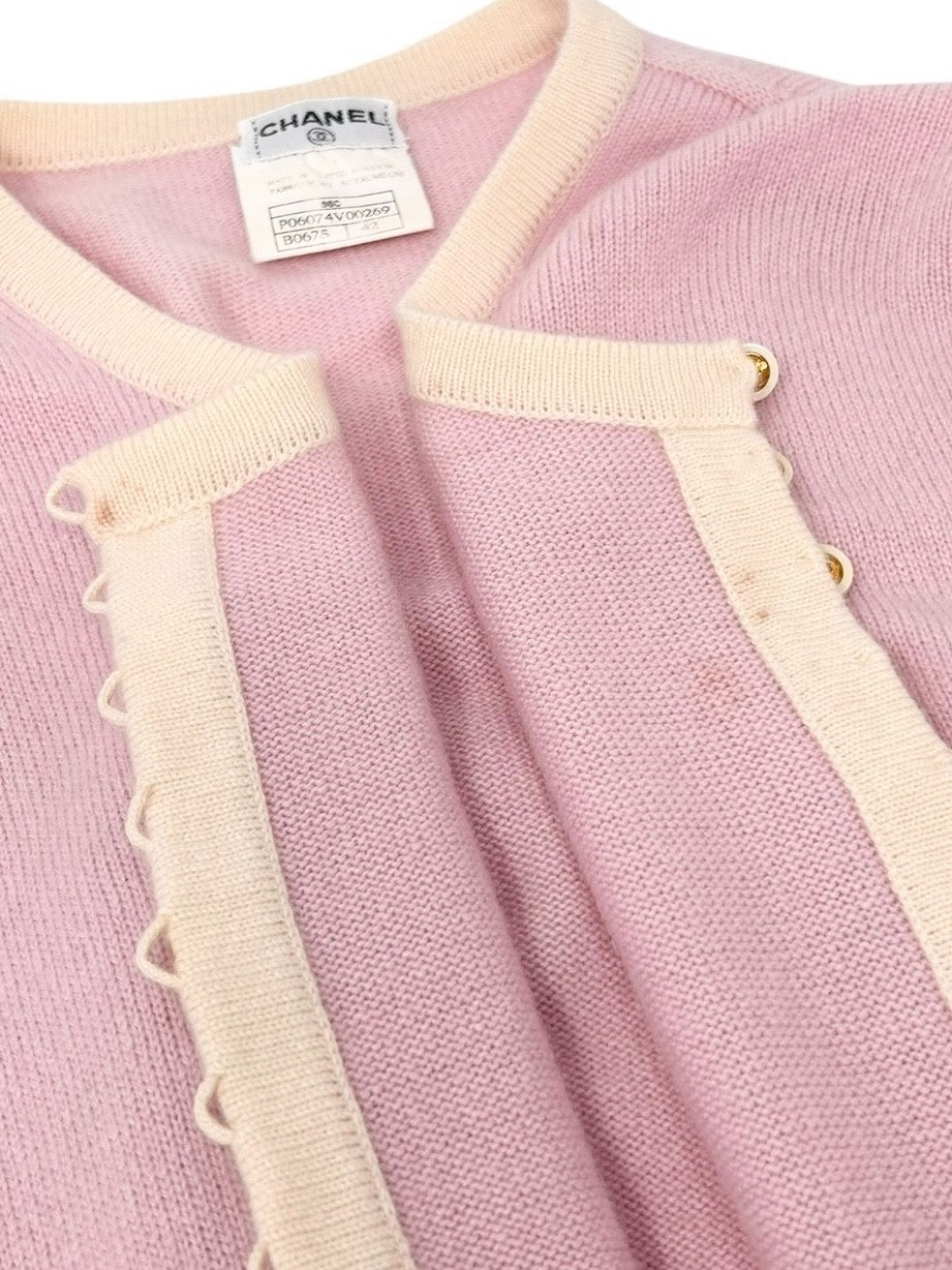 CHANEL Vintage 96C Long Cardigan #42 Knit Sweater Button Pink Cream Cashmere