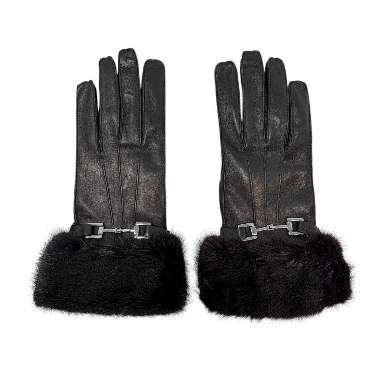 GUCCI Vintage Horsebit Fur Trim Lambskin Leather Gloves #7 Black Silver 902097