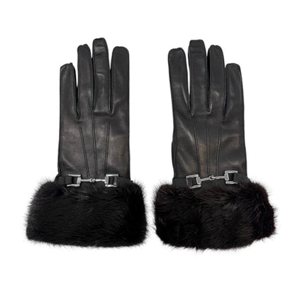 GUCCI Vintage Horsebit Fur Trim Lambskin Leather Gloves #7 Black Silver 902097