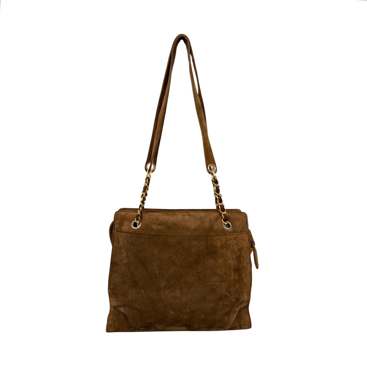 CHANEL Vintage CC Logo Suede Chain Tote Shoulder Bag Brown Gold 902488