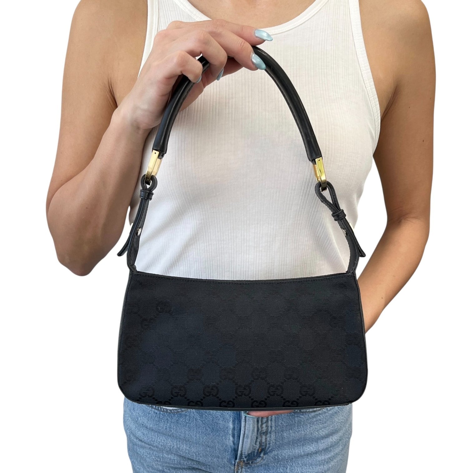 GUCCI Vintage GG Monogram Logo Canvas Pochette Mini Bag Dark Blue Gold Leather