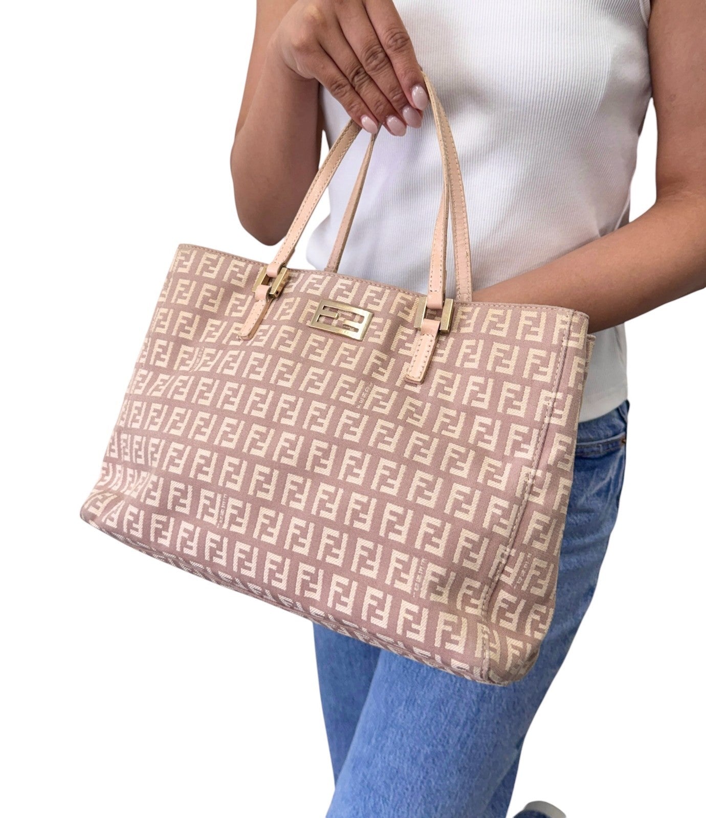 FENDI Vintage FF Logo Zucchino Monogram Tote Hand Bag Pink Beige 902445