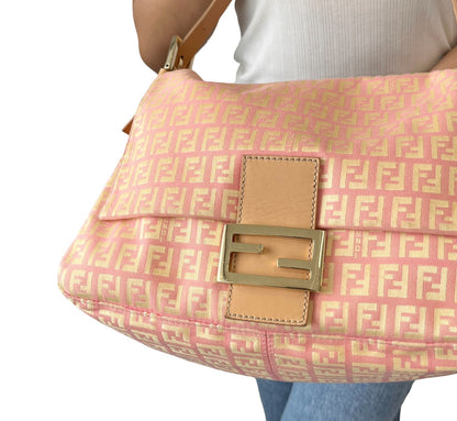 FENDI Vintage Zucchino Mamma Baguette Bag Pink Yellow Canvas Leather 902042