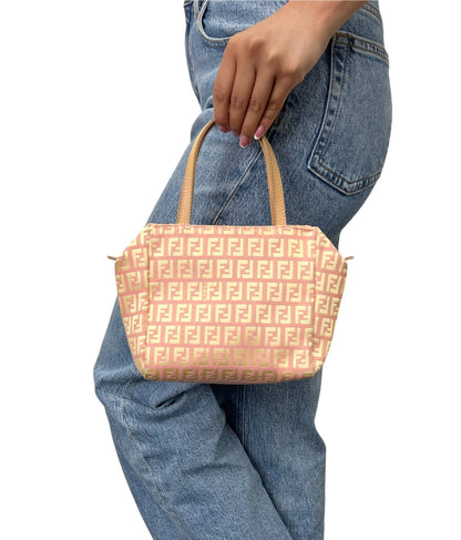 FENDI Vintage FF Logo Zucchino Mini Handbag Pink Yellow Canvas 902482
