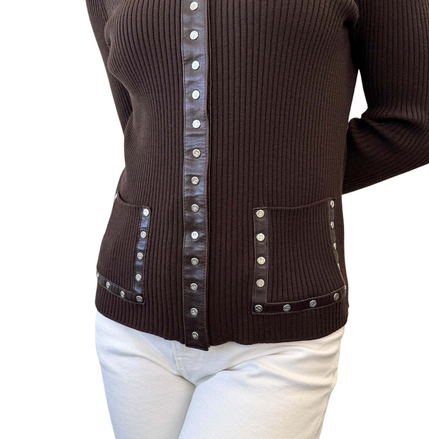 CELINE Vintage Macadam Logo Rib Knit Cardigan #M Snap Button Brown Wool Leather