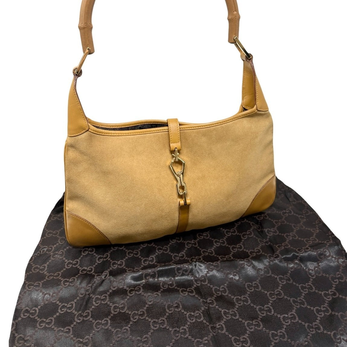 Gucci Vintage Bamboo Handle Hobo Shoulder Bag Beige Gold Suede Leather 902823