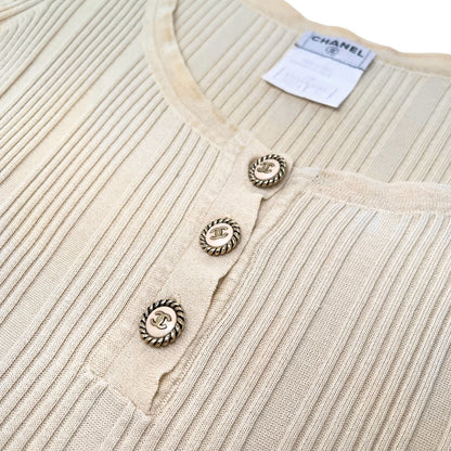 CHANEL Vintage 07P CC Logo Button Rib Knit Top #42 Cotton Beige Gold 106913
