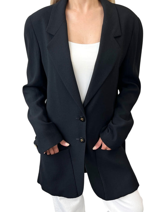 CHANEL Vintage 1994 CC Logo Collared Jacket #L Black Gold Button Wool Pocket