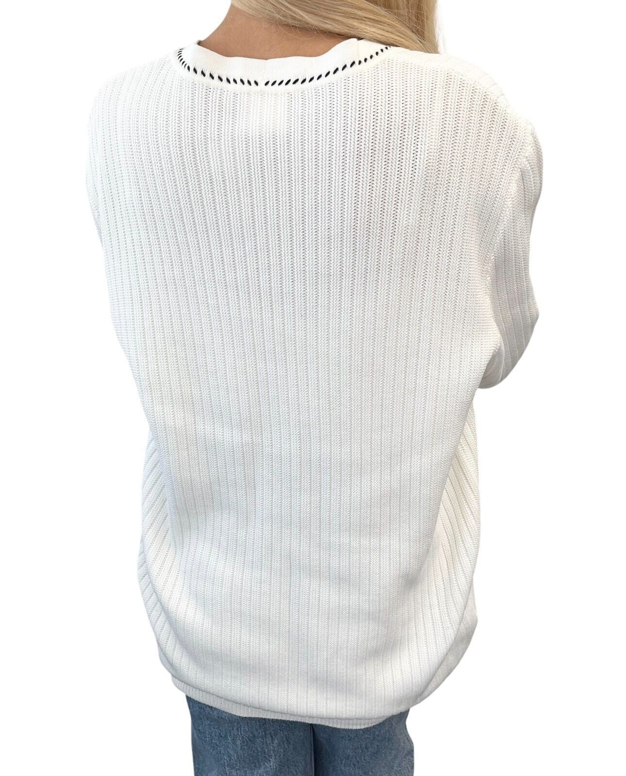 CHANEL Vintage 96P CC Logo Cardigan Sweater Top #42 Button White Black Cotton