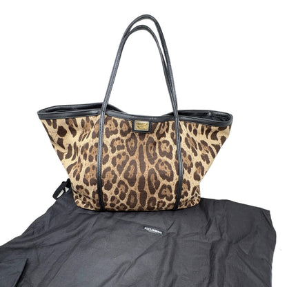 DOLCE&GABBANA Vintage Logo Leopard Large Tote Bag Brown Beige Canvas 902912