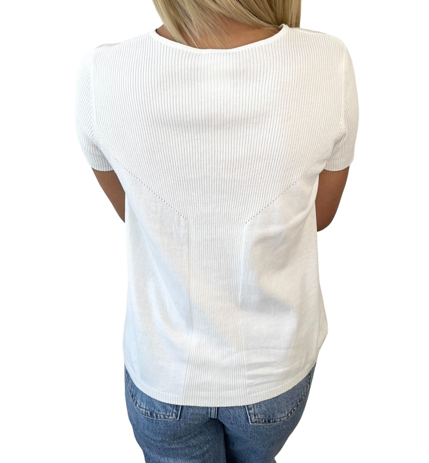 CHANEL Vintage 05P CC Logo Ribbed Knit Top #34 Short Sleeve White Cotton