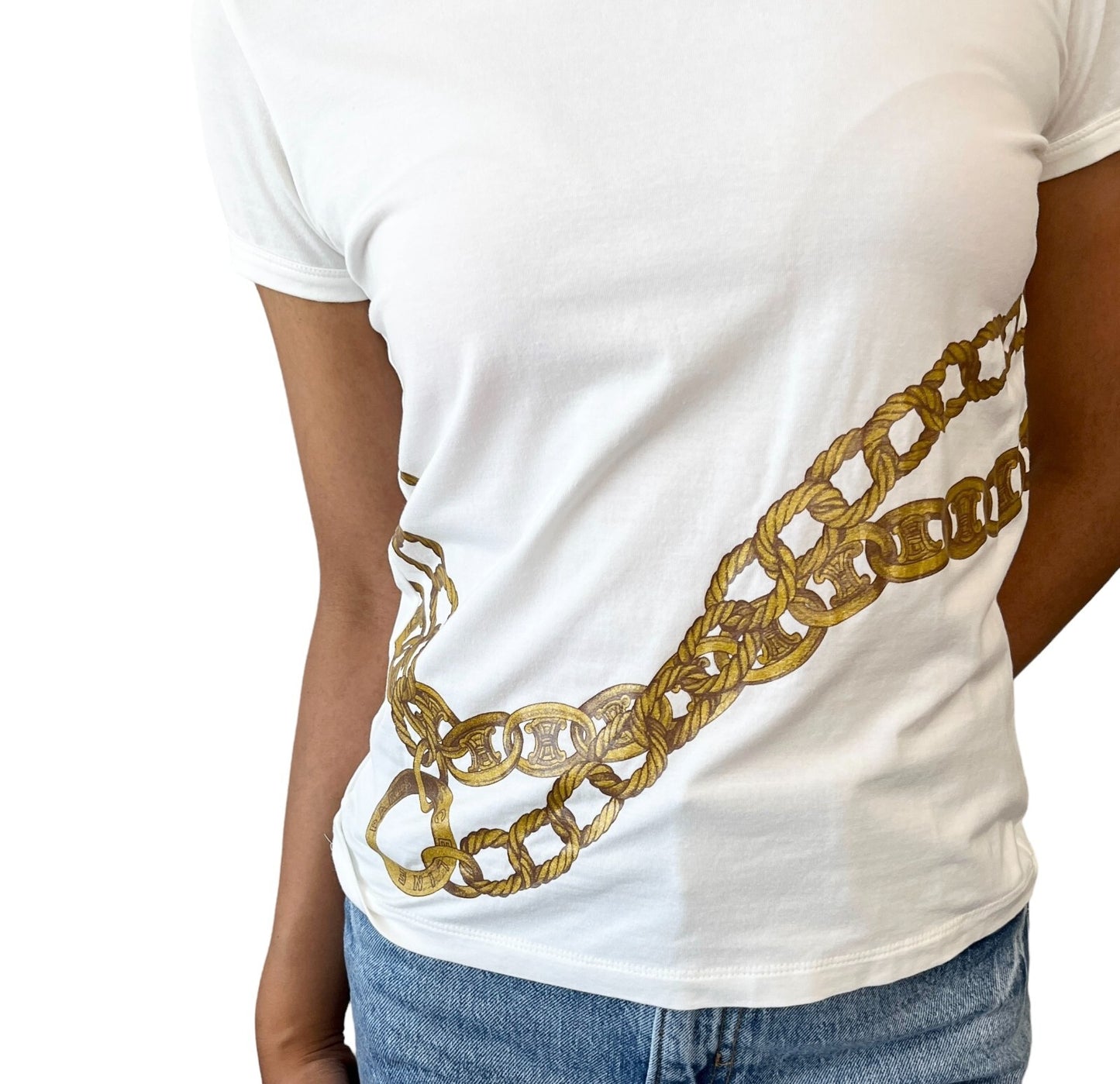 CELINE Vintage Macadam Logo T-shirt Top #S Chain Print White Cotton Rank AB