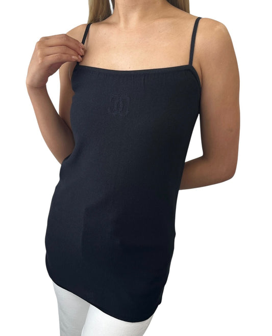 CHANEL Vintage 98P CC Logo Knit Camisole Tunic #38 Top Sleeveless Black Silk