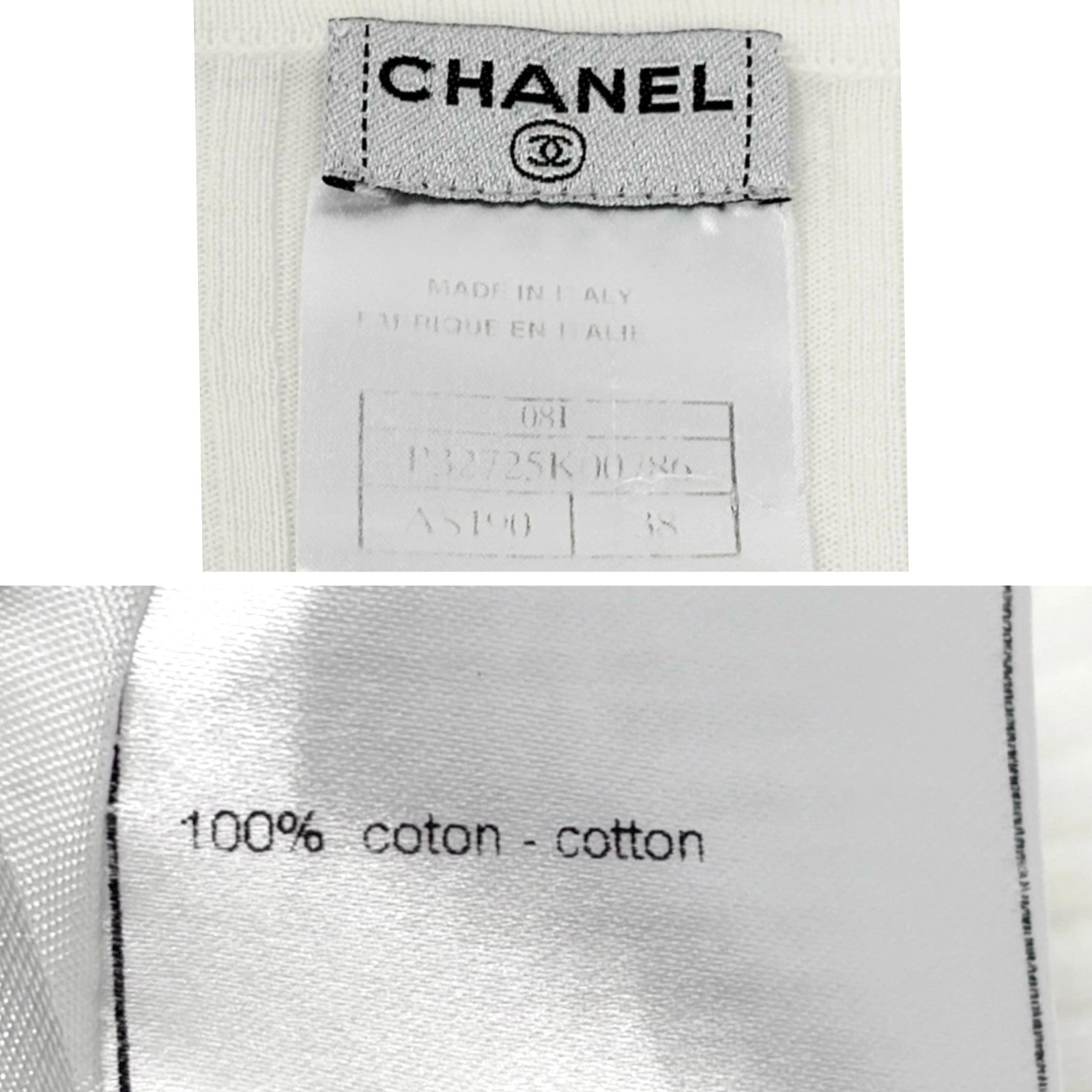CHANEL Vintage 08P CC Mark Logo Rib Knit T-shirt Top #38 White Gray Cotton