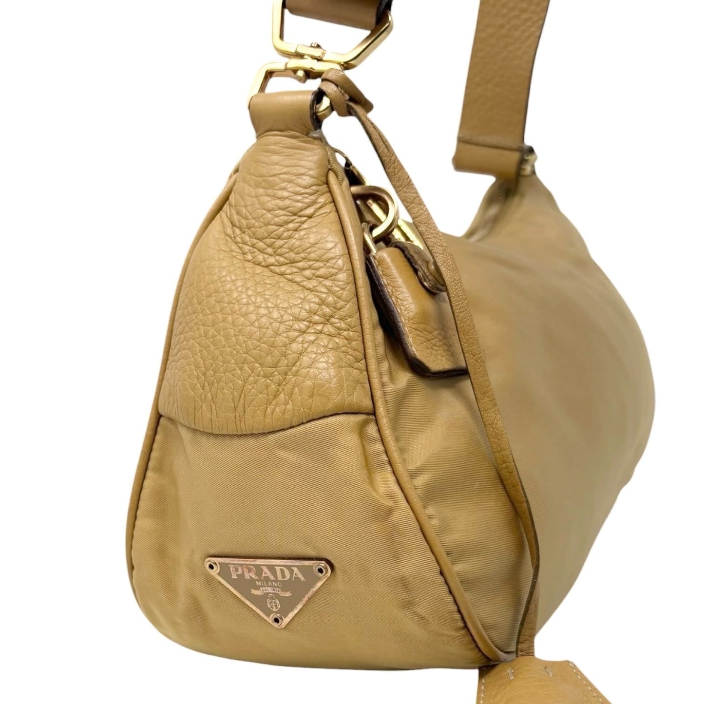 PRADA Vintage Triangle Logo Tessuto Nylon Shoulder Hobo Bag Leather Yellow Key