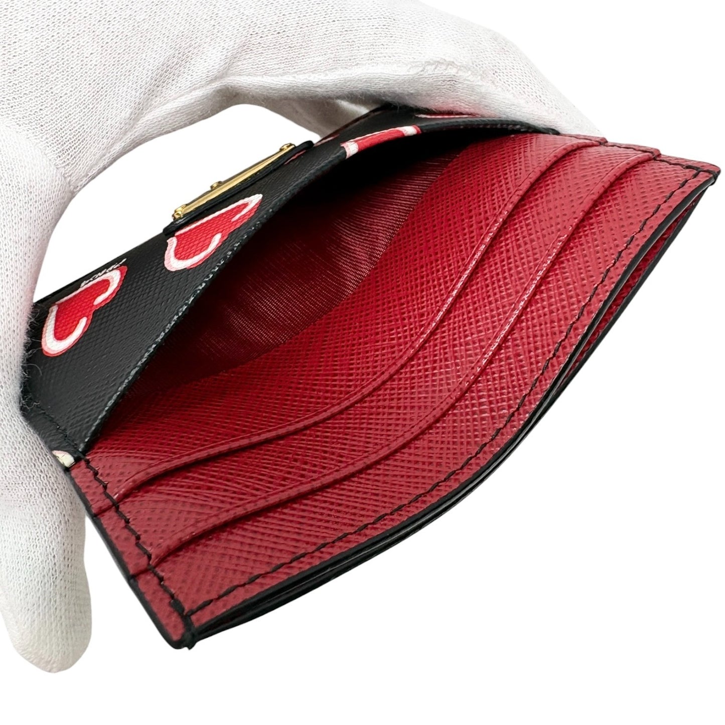 PRADA Vintage Triangle Logo Heart Wallet Card Holder Black Red Leather 902284