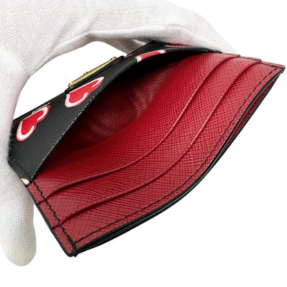 PRADA Vintage Triangle Logo Heart Wallet Card Holder Black Red Leather 902284