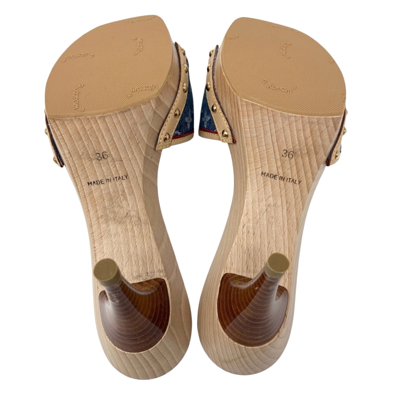 LOUIS VUITTON Vintage Monogram Denim Heels Sandals #36 Blue Beige Ribon