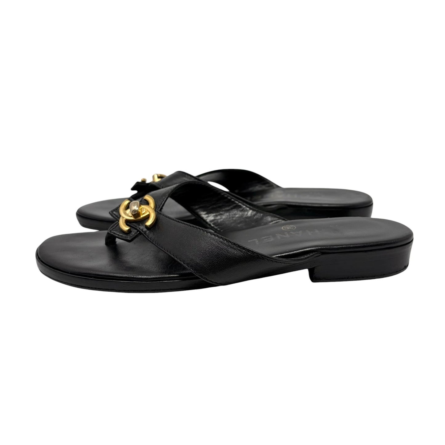 CHANEL Vintage Turnlock CC Logo Flat Thong Sandals #38 Black Leather 902405