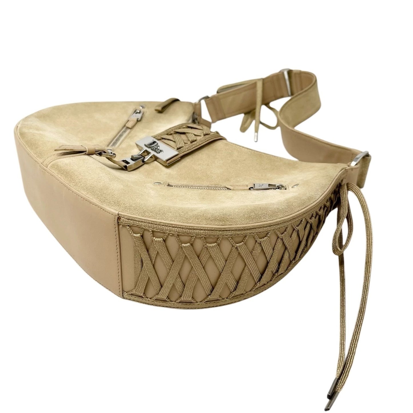 Christian Dior Vintage 2002 Admit It Suede Shoulder Bag Lace Up Beige Silver