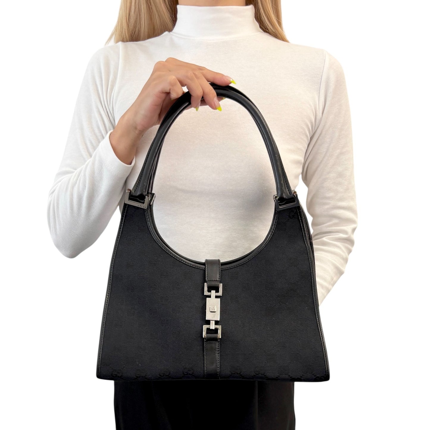 GUCCI Vintage GG Monogram Logo Jackie Shoulder Bag Black Silver Canvas 902251