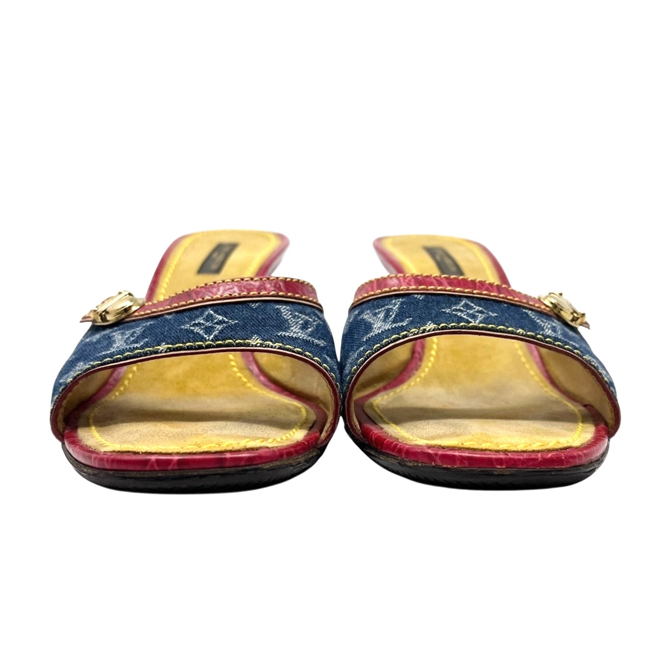LOUIS VUITTON Vintage LV Monogram Logo Denim Sandals Heels #37-37.5 Blue Red