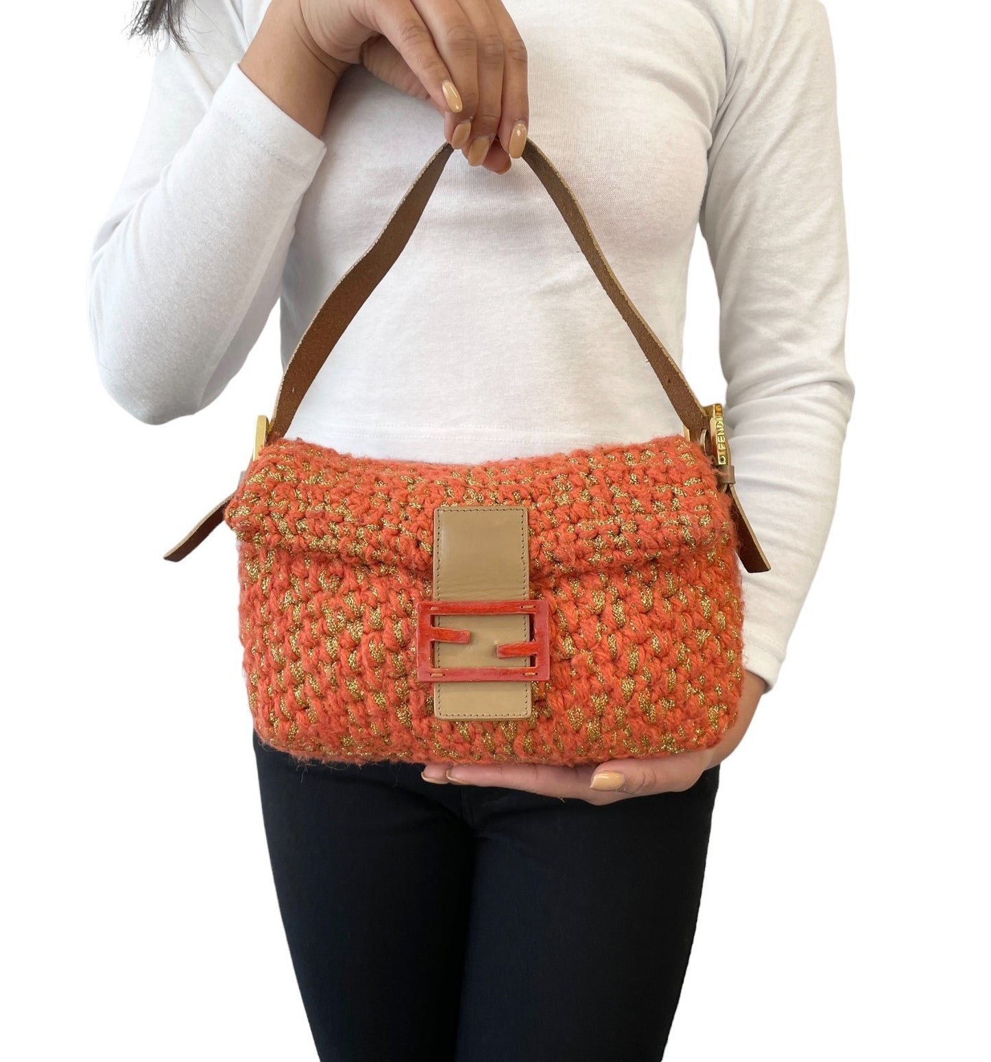 FENDI Vintage FF Mamma Baguette Wool Knit Shoulder Bag Glitter Orange Beige