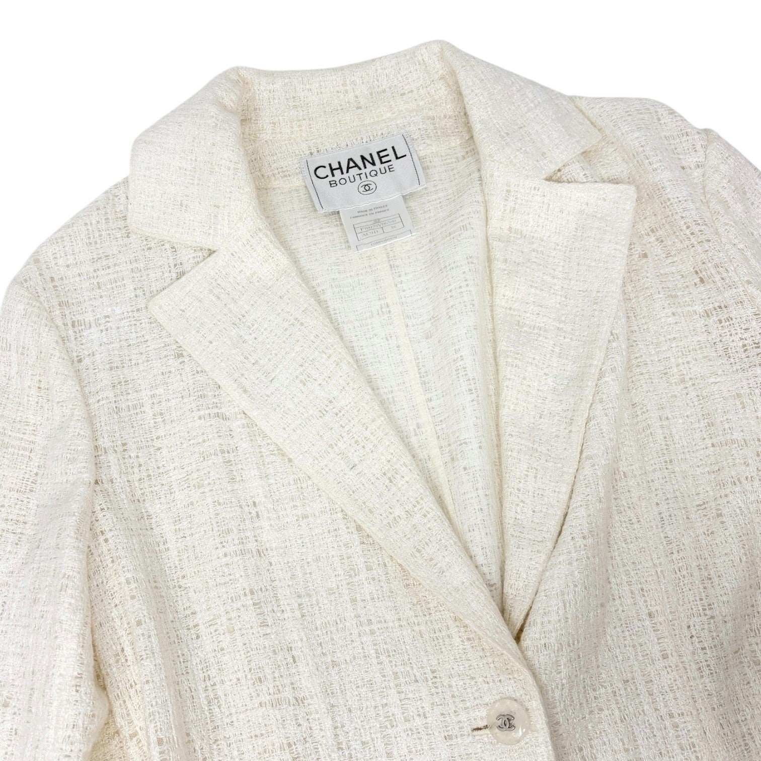 CHANEL Vintage 98P CC Logo Button Boucle Tweed Blazer Jacket #38 White Silver