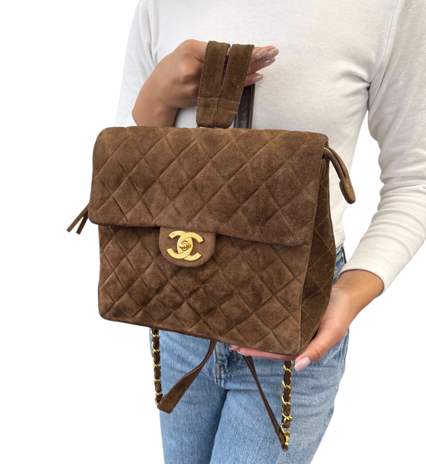 CHANEL Vintage CC Logo Suede Matelasse Backpack Bag Turn Rock Brown Gold