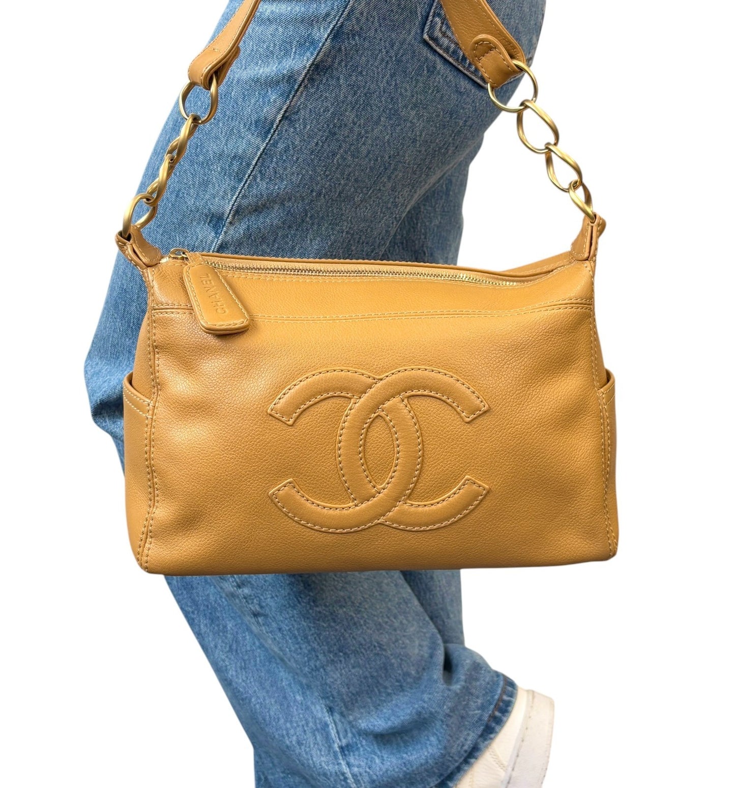 CHANEL Vintage Big CC Logo Leather Shoulder Hobo Bag Beige Gold Stitch Chain