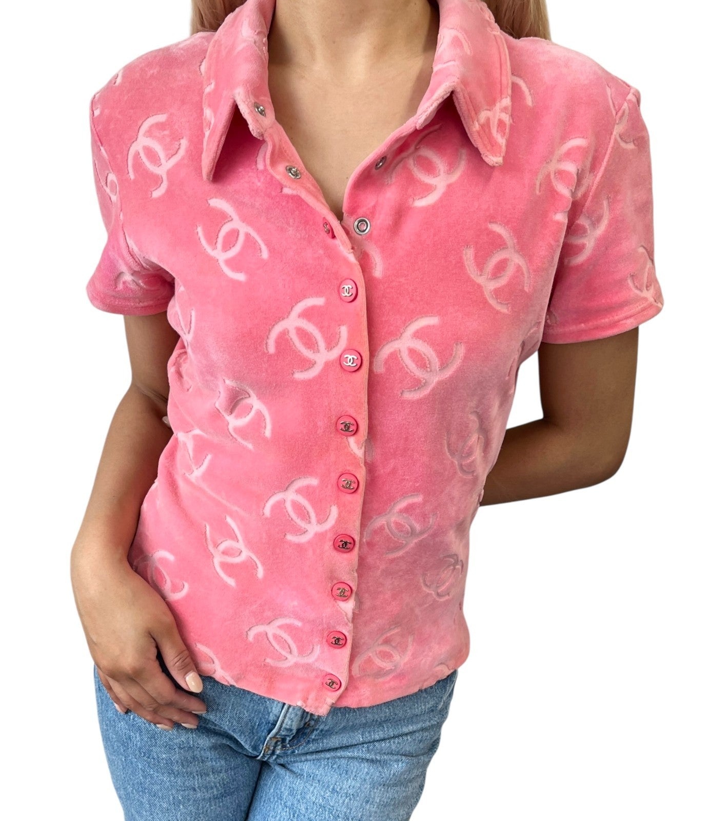 CHANEL Vintage 96A CC Logo Snap Button Velour Shirt Top #40 Pink Cotton